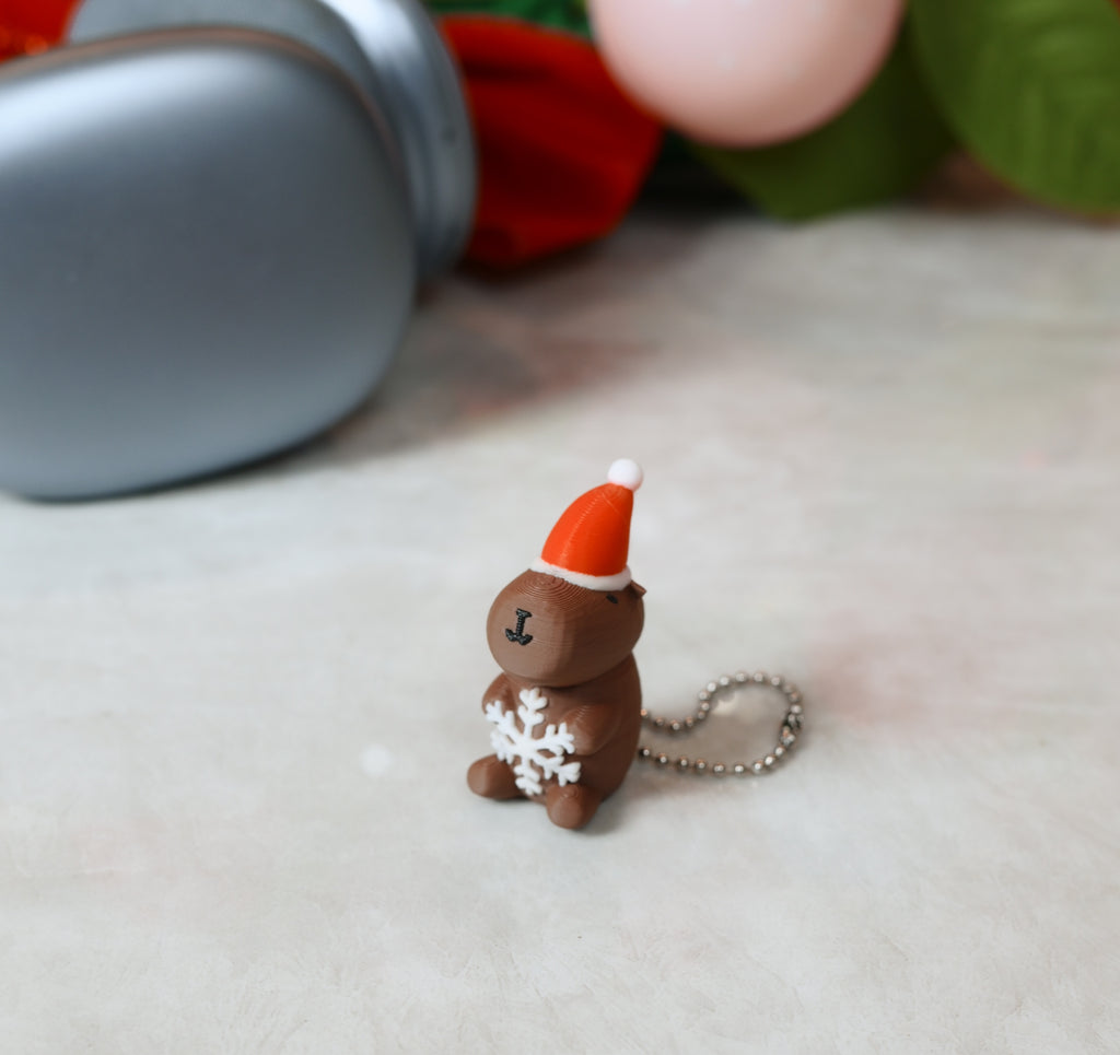 Festive Capybara Keychain | 3D Printed Christmas Capy with Santa Hat & Snowflake | Kawaii Holiday Stocking Stuffer