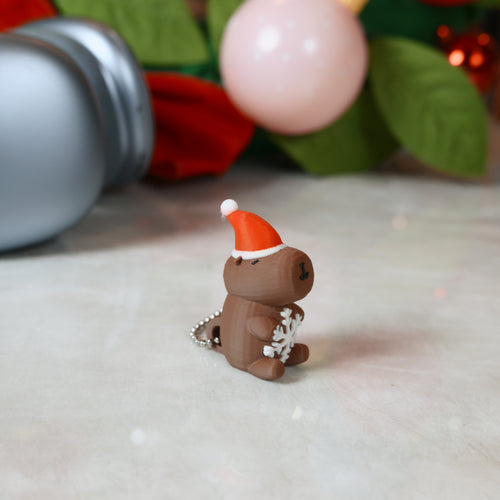 Festive Capybara Keychain | 3D Printed Christmas Capy with Santa Hat & Snowflake | Kawaii Holiday Stocking Stuffer